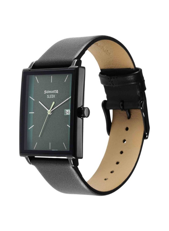 Sonata Sleek 7148NL01 Men's Watch – Green Dial, Black Leather Strap, Quartz Movement, Date Function - Image 2