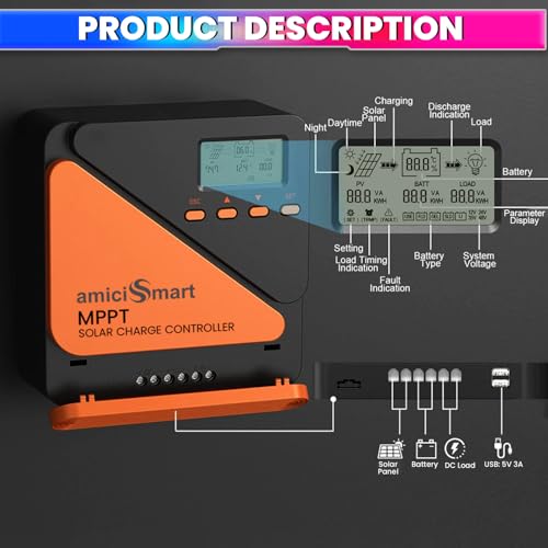 amiciSmart True MPPT Solar Charge Controller, 98% Efficiency Lithium Battery Regulator with 5V/3A USB Port, Max 520W, 12V/24V (20A) - Image 3