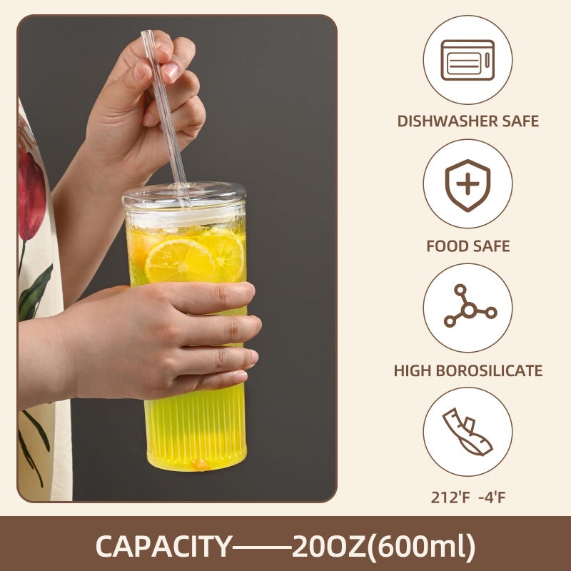 MINGHYZYA 20 OZ Iced Coffee Cup With Glass Lids and Straws,High Borosilicate Glass Tumbler Cup Reusable Wide Mouth Smoothie Cups(Clear,1cup)â€¦ - Image 2
