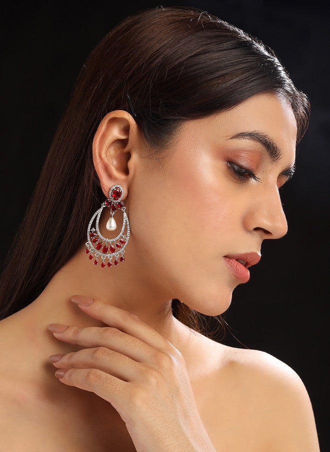 StileAdda Silver Plated American Diamond Studded Drop Earrings with Red Accents - Image 5