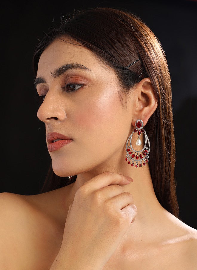 StileAdda Silver Plated American Diamond Studded Drop Earrings with Red Accents - Image 4
