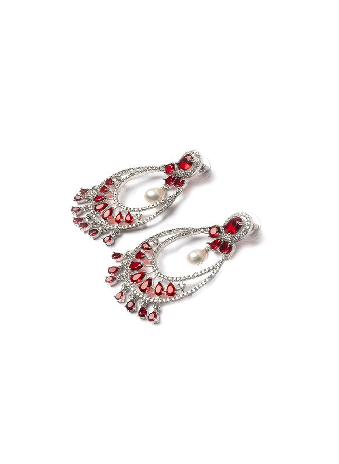 StileAdda Silver Plated American Diamond Studded Drop Earrings with Red Accents - Image 3