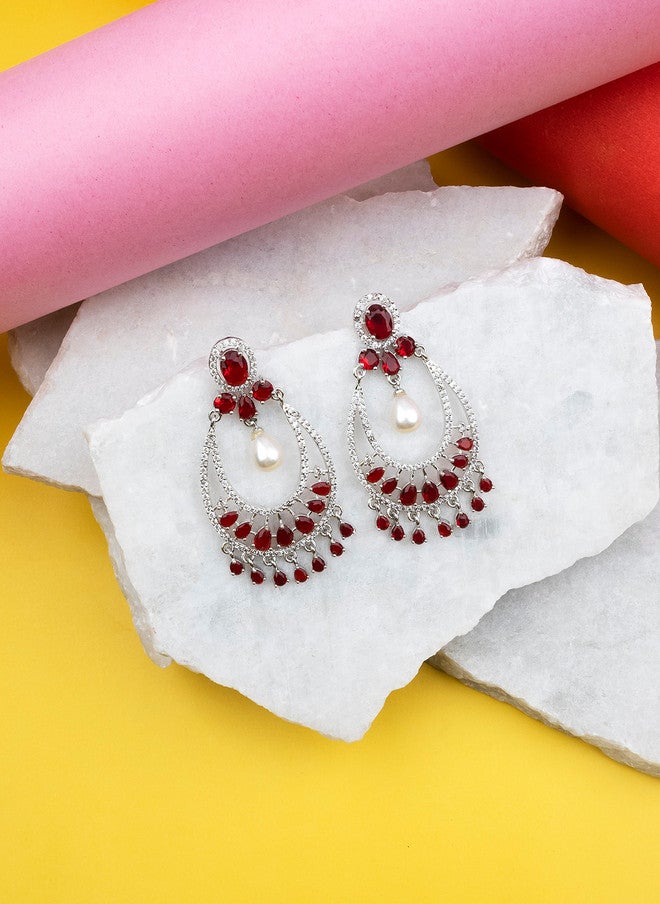 StileAdda Silver Plated American Diamond Studded Drop Earrings with Red Accents - Image 1