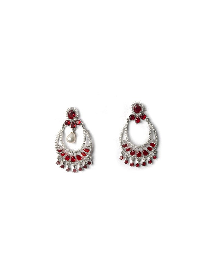 StileAdda Silver Plated American Diamond Studded Drop Earrings with Red Accents - Image 2