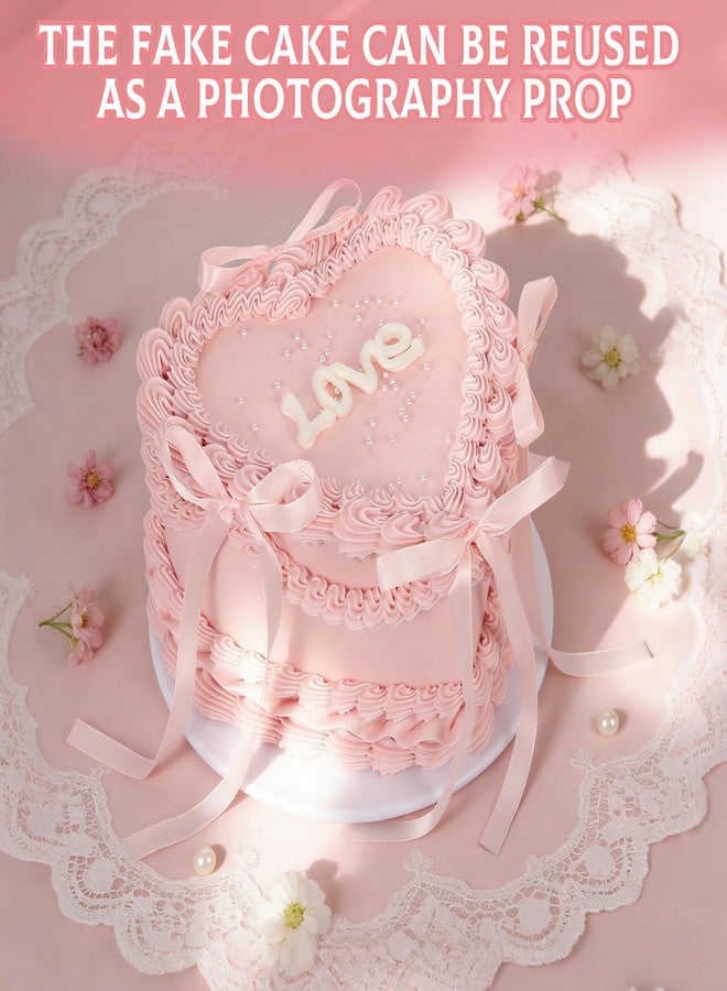 YEXEXINM 7 in Pink Bow Fake Cake, Heart Shaped Artificial Birthday Cake with Pearls and Love Word, Faux Bakery Display Cake Model for Wedding Party Decoration, Photography Props, Shop Window Display - Image 5