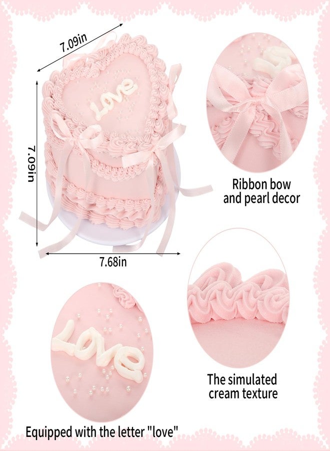 YEXEXINM 7 in Pink Bow Fake Cake, Heart Shaped Artificial Birthday Cake with Pearls and Love Word, Faux Bakery Display Cake Model for Wedding Party Decoration, Photography Props, Shop Window Display - Image 2