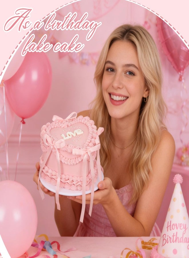 YEXEXINM 7 in Pink Bow Fake Cake, Heart Shaped Artificial Birthday Cake with Pearls and Love Word, Faux Bakery Display Cake Model for Wedding Party Decoration, Photography Props, Shop Window Display - Image 4