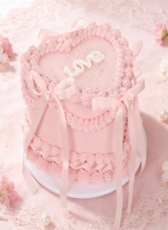 YEXEXINM 7 in Pink Bow Fake Cake, Heart Shaped Artificial Birthday Cake with Pearls and Love Word, Faux Bakery Display Cake Model for Wedding Party Decoration, Photography Props, Shop Window Display - Image 1