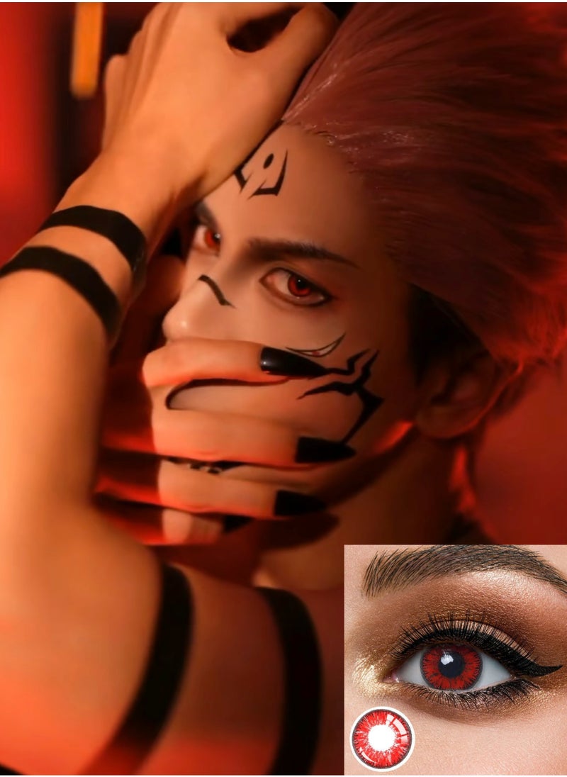 Unibling Mystery Red Jujutsu Kaisen Ryomen Sukuna Yearly Colored Contact Lenses, Unisex Cosmetic Cosplay Contact Lenses, Enlargement Collection, Red, With Case  - Image 1