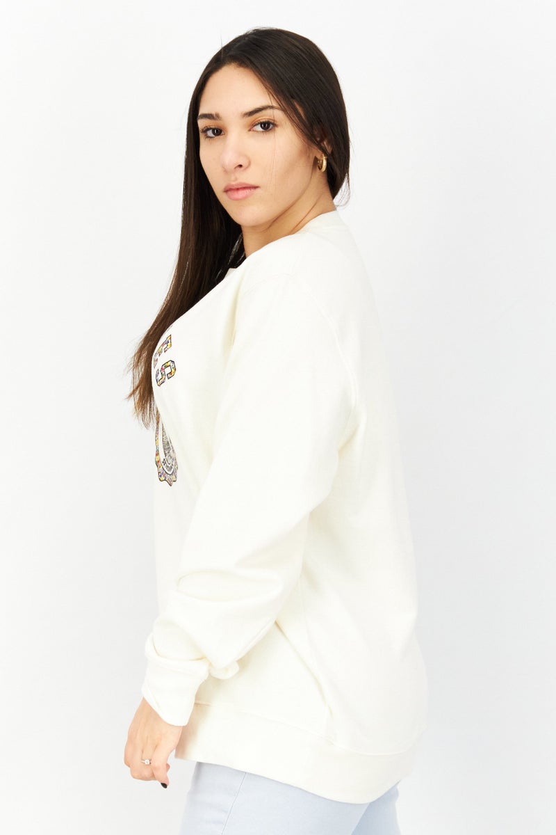 Bloomies Women Crew Neck Graphic Long Sleeve Fleece Sweatshirt, Ivory - Image 4