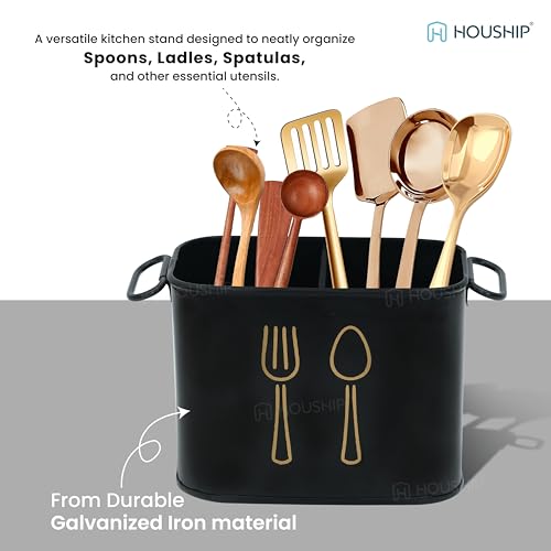 HOUSHIP Metal Utensil Rack – Spoon Stand for Dining Table, Cutlery Holder for Outside Use, Compact Kitchen Organizer (Black) - Image 4