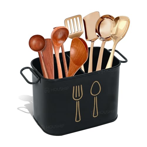 HOUSHIP Metal Utensil Rack – Spoon Stand for Dining Table, Cutlery Holder for Outside Use, Compact Kitchen Organizer (Black) - Image 1