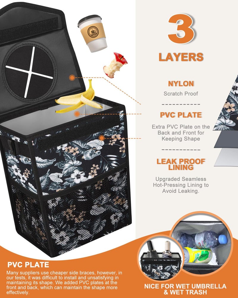 Pritent Car Trash Can with Lid, Cute Leakproof Car Trash Garbage Bag Hanging Vehicle Trash Bin Small Portable Automotive Garbage Cans Organizer for Back/Front Seat(Trapezoid,Black with Lily Print) - Image 3