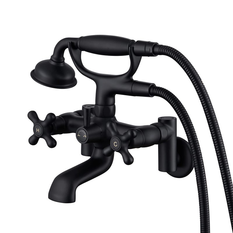 Hanallx Wall Mount Tub Faucet with Hand Shower 3 to 9in Center Vintage Matte Black Wall Mount Tub Filler Bathtub Faucet Set with Shower Diverter with Valve 8 in Center