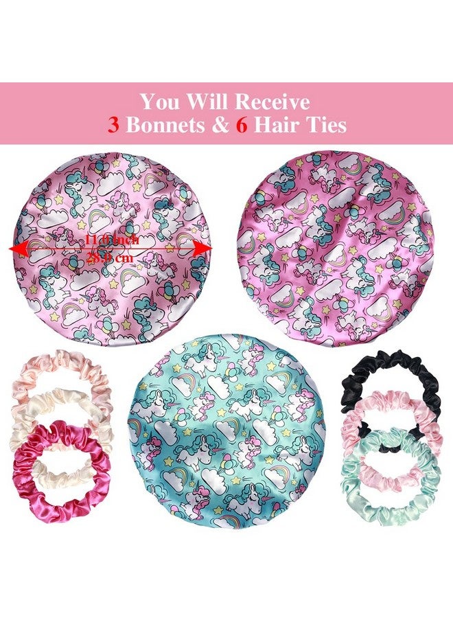 Heniho 3Pcs Satin Bonnets For Kids Sleeping Cute Hair Bonnet With Scrunchies For Girls Curly Hair A - Image 2