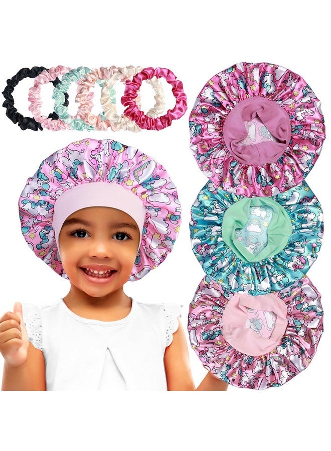 Heniho 3Pcs Satin Bonnets For Kids Sleeping Cute Hair Bonnet With Scrunchies For Girls Curly Hair A - Image 1