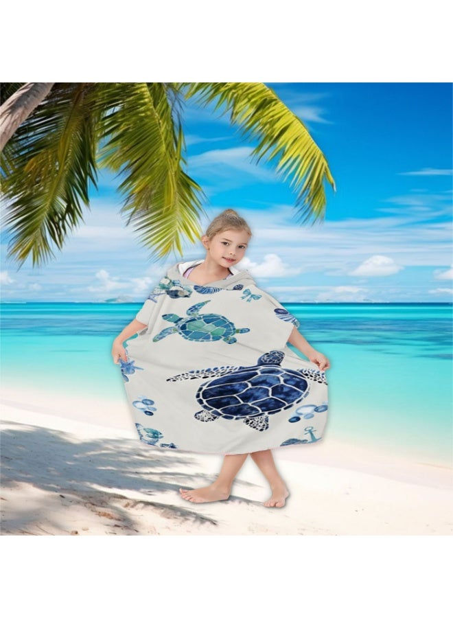 Kids' Hooded Poncho Towel, Quick-Dry Microfiber, Watercolor Sea Turtle Pattern for Beach Pool Bath - Image 5
