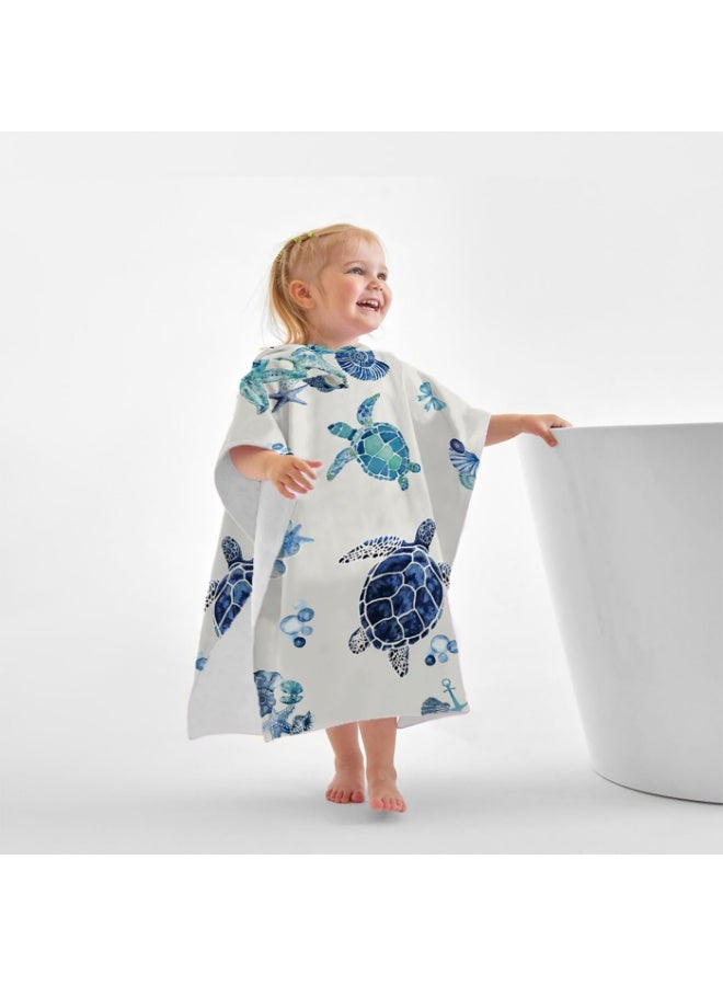 Kids' Hooded Poncho Towel, Quick-Dry Microfiber, Watercolor Sea Turtle Pattern for Beach Pool Bath - Image 3
