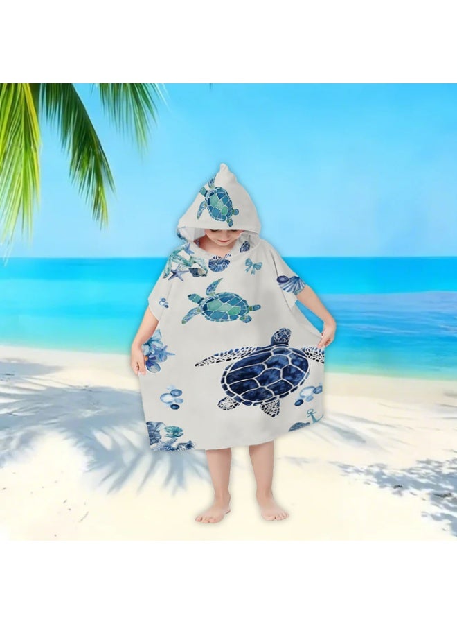 Kids' Hooded Poncho Towel, Quick-Dry Microfiber, Watercolor Sea Turtle Pattern for Beach Pool Bath - Image 2