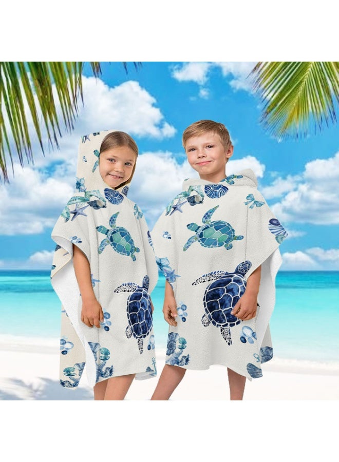 Kids' Hooded Poncho Towel, Quick-Dry Microfiber, Watercolor Sea Turtle Pattern for Beach Pool Bath - Image 1