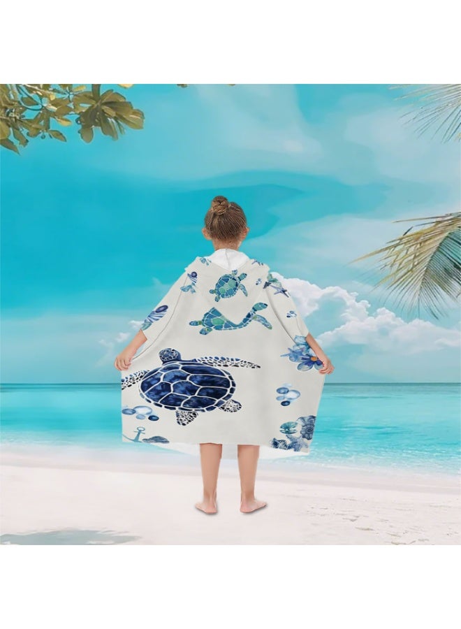 Kids' Hooded Poncho Towel, Quick-Dry Microfiber, Watercolor Sea Turtle Pattern for Beach Pool Bath - Image 4