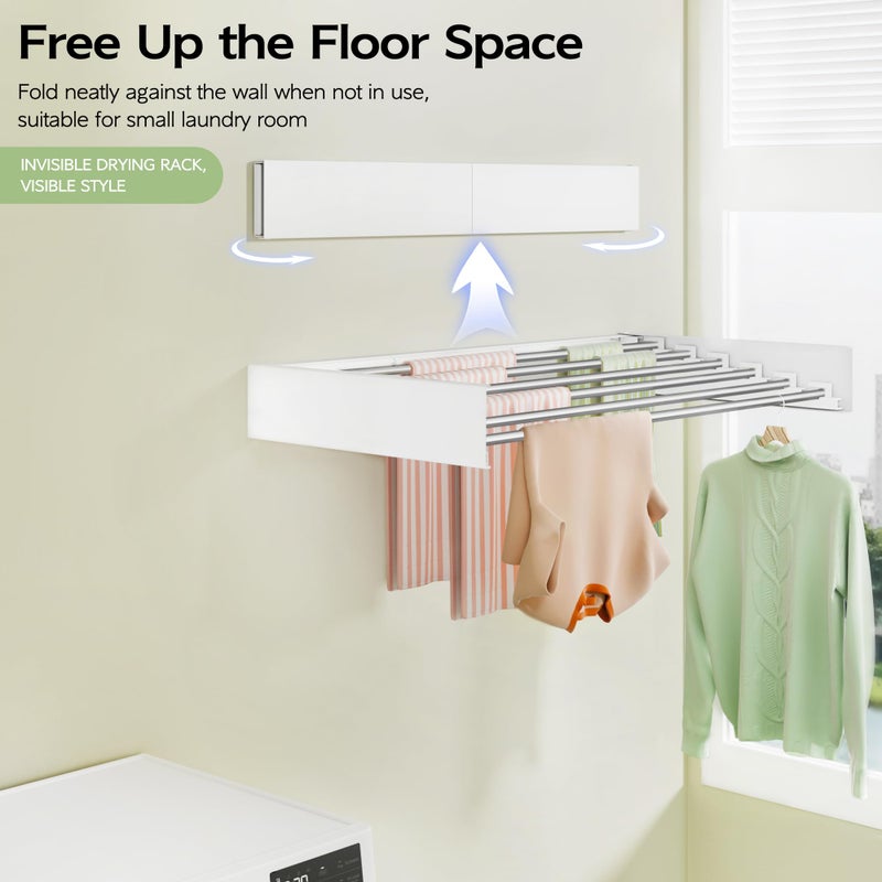 Vikaqi Wall Mounted Clothes Drying Rack 40 inches, Foldable Wall Mount Laundry Rack Folding Indoor, Drying Rack Clothing Collapsible, Hidden Space Saver with Wall Template, 6 Rods, White - Image 3