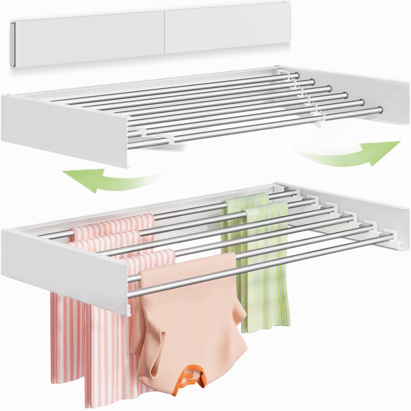 Vikaqi Wall Mounted Clothes Drying Rack 40 inches, Foldable Wall Mount Laundry Rack Folding Indoor, Drying Rack Clothing Collapsible, Hidden Space Saver with Wall Template, 6 Rods, White - Image 1