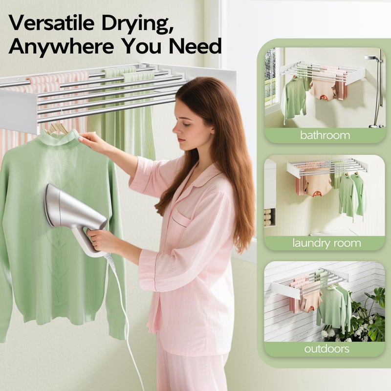 Vikaqi Wall Mounted Clothes Drying Rack 40 inches, Foldable Wall Mount Laundry Rack Folding Indoor, Drying Rack Clothing Collapsible, Hidden Space Saver with Wall Template, 6 Rods, White - Image 5
