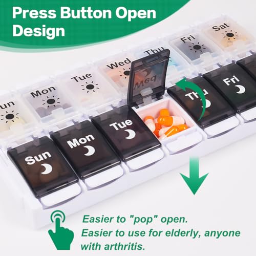 Shintop Pill Organizer 2 Times a Day, Easy Fill Weekly Pill Box Am Pm Push Button Pill Container 7 Day Medicine Organizer for Vitamins Supplements （Black&White） - Image 3