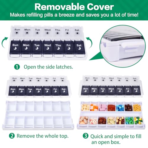 Shintop Pill Organizer 2 Times a Day, Easy Fill Weekly Pill Box Am Pm Push Button Pill Container 7 Day Medicine Organizer for Vitamins Supplements （Black&White） - Image 2