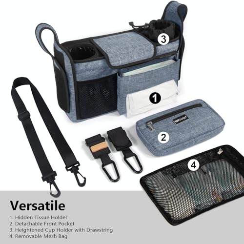 TOPDesign Universal Baby Stroller Organizer Stroller Caddy with Detachable Mesh Bag Heightened Insulated Cup Holders NonSlip Secure Hooks Accessories Fits Most Strollers Blue - Image 3