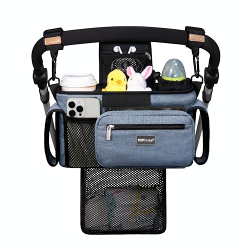 TOPDesign Universal Baby Stroller Organizer Stroller Caddy with Detachable Mesh Bag Heightened Insulated Cup Holders NonSlip Secure Hooks Accessories Fits Most Strollers Blue - Image 1