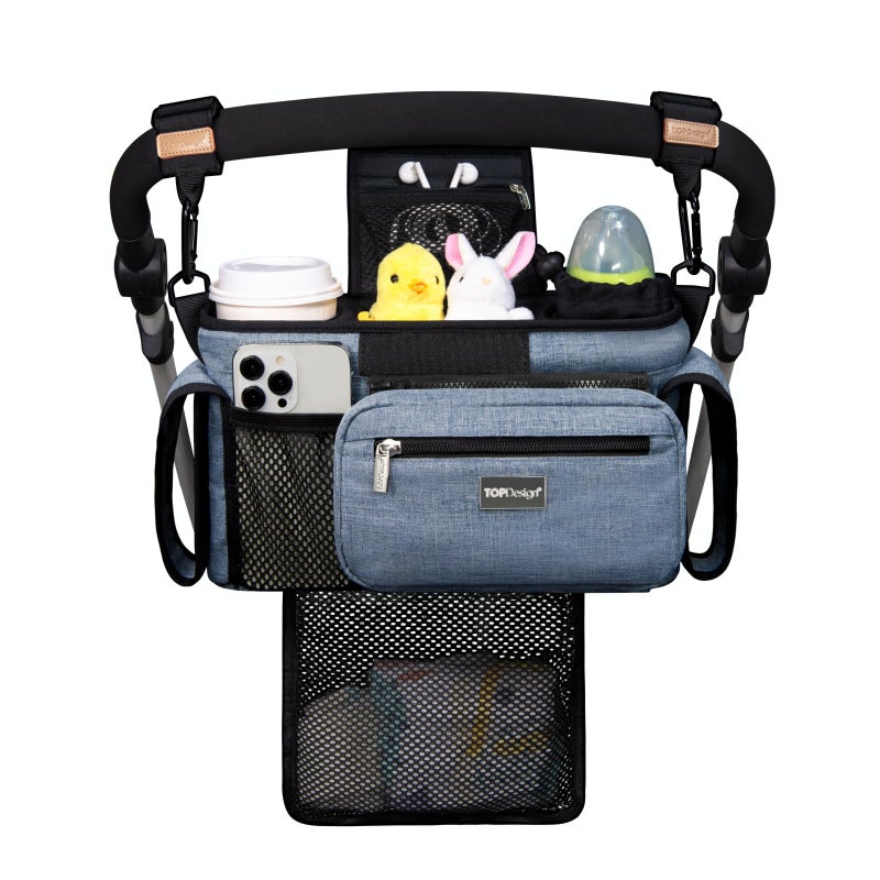TOPDesign Universal Baby Stroller Organizer Stroller Caddy with Detachable Mesh Bag Heightened Insulated Cup Holders NonSlip Secure Hooks Accessories Fits Most Strollers Blue - Image 2