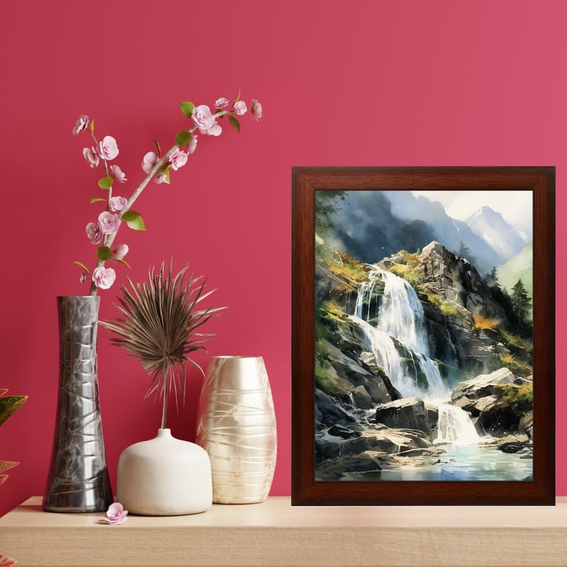 Waterfalls Painting Digital Reprint Trendy Fancy Room Home Office Wall Decoration With Brown Frame (10inches X 13.5inches) - Image 3