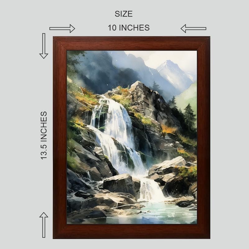 Waterfalls Painting Digital Reprint Trendy Fancy Room Home Office Wall Decoration With Brown Frame (10inches X 13.5inches) - Image 2