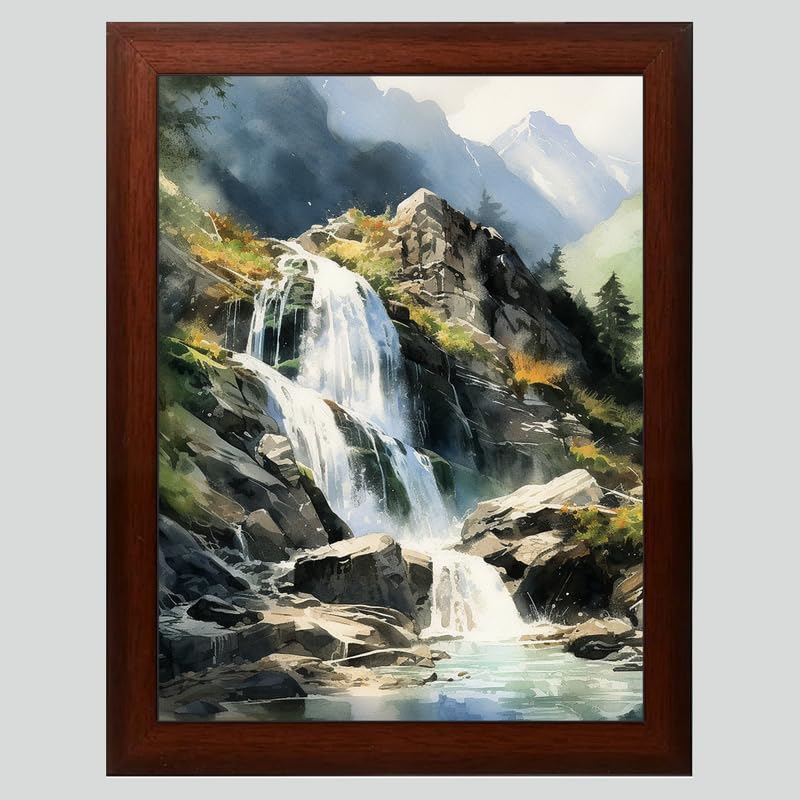 Waterfalls Painting Digital Reprint Trendy Fancy Room Home Office Wall Decoration With Brown Frame (10inches X 13.5inches) - Image 1