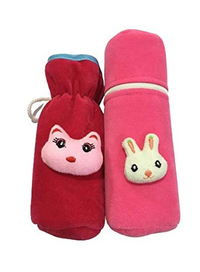 Ineffable Combo of Velvet Bottle Covers for Feeding Bottles with Cute Animal Cartoon Popup, 240ml (Red & Pink)