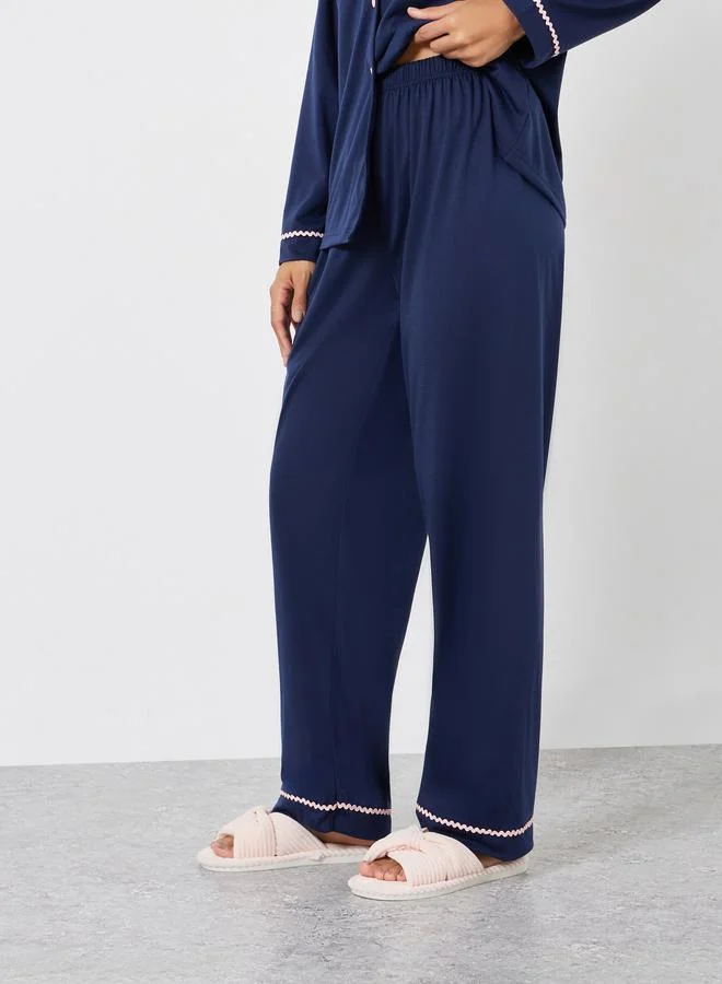 Styli  Rick Rack Trim Long Sleeve Shirt and Pyjama Set for Women | Best Price UAE