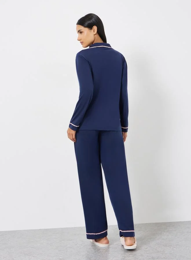 Styli  Rick Rack Trim Long Sleeve Shirt and Pyjama Set for Women | Best Price UAE