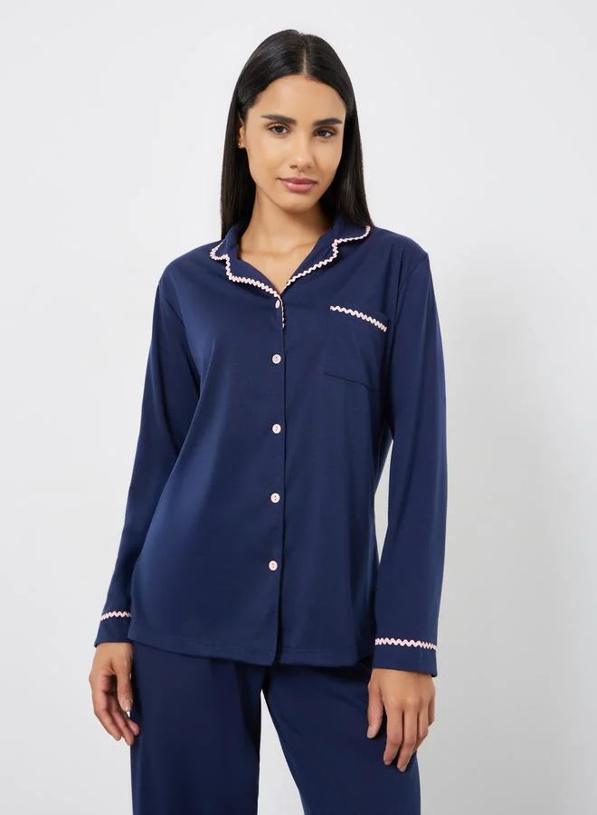 Styli Rick Rack Trim Long Sleeve Shirt and Pyjama Set