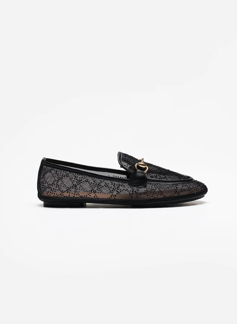 Sunfere Chic Black Mesh Rhinestone Horsebit Loafers