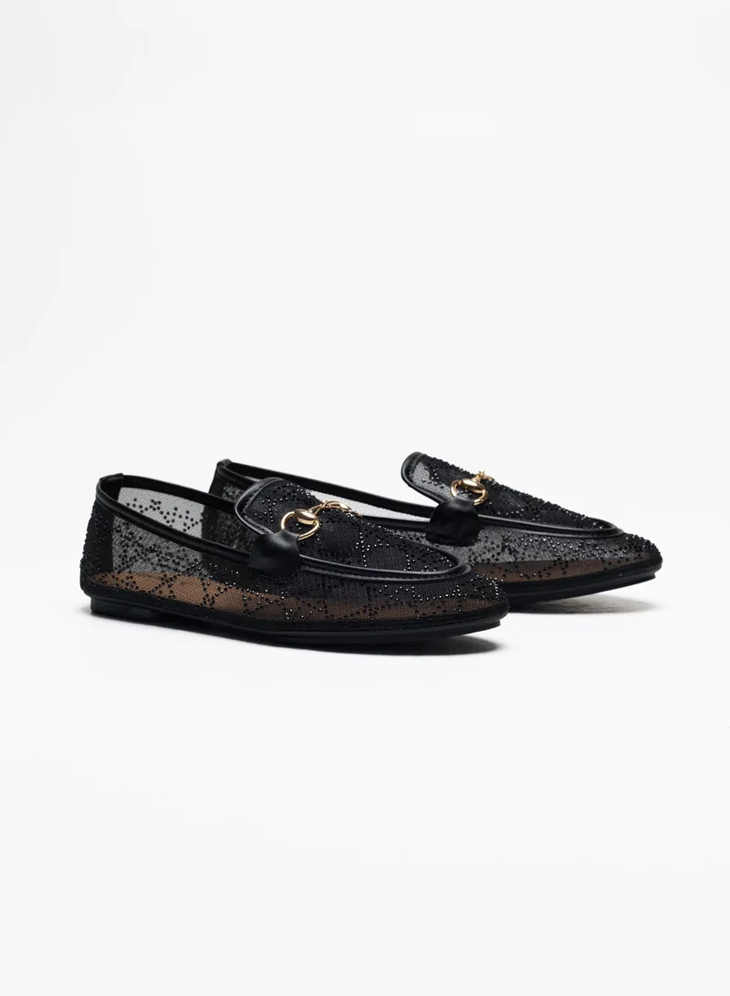 Sunfere Chic Black Mesh Rhinestone Horsebit Loafers
