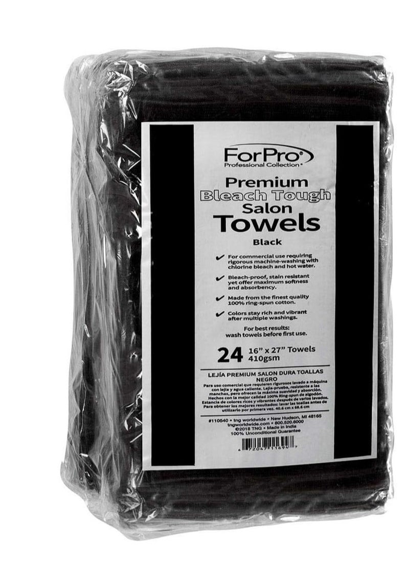 ForPro - ForPro Professional Collection Premium Bleach Tough Salon Towels, Black, 100% Cotton, Bleach-Proof Towels, Stain Resistant, 16" W x 27" L, 24-Count - Image 1