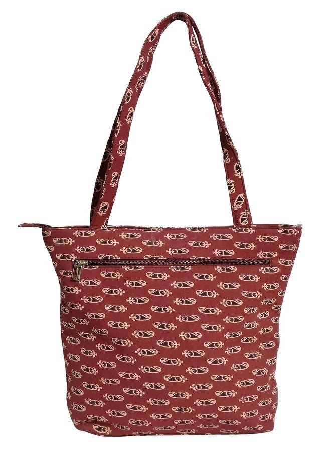 Chitrahar Handcrafted Fusion Tote Bag for Women with Zip, College Bag for Girls, Unique Cotton and Leather Combination for Daily Use (Maroon) - Image 2