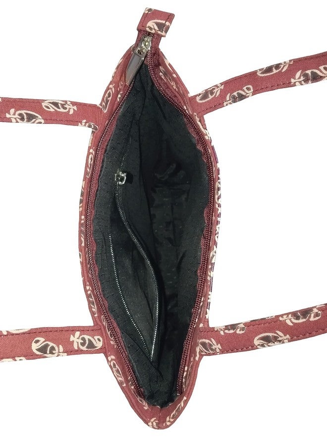 Chitrahar Handcrafted Fusion Tote Bag for Women with Zip, College Bag for Girls, Unique Cotton and Leather Combination for Daily Use (Maroon) - Image 5
