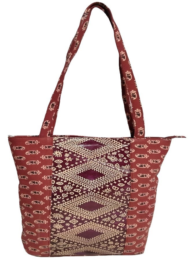 Chitrahar Handcrafted Fusion Tote Bag for Women with Zip, College Bag for Girls, Unique Cotton and Leather Combination for Daily Use (Maroon) - Image 1