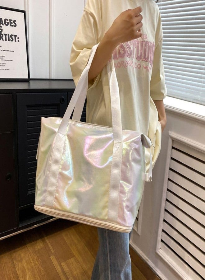 KEETLY Dazzling Foldable Gym Bag for Women,Sports Travel Duffel Bag, Weekender Overnight Bag with Wet Pocket and Shoes Compartment for Women, Travel,Workout,Gym, Yoga. (Beige) - Image 2