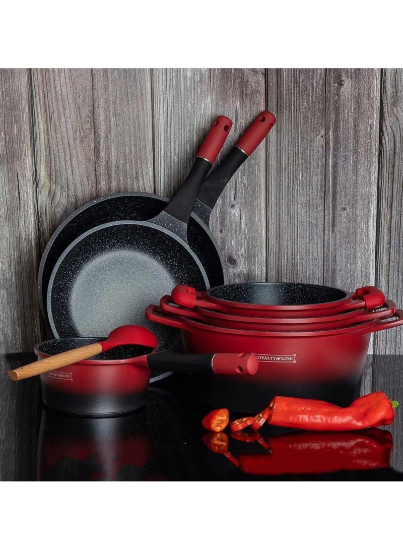 Royalty Line 17 Piece Cast Aluminium Non-Stick Pan Set Lava Rock Induction Gas Glass Lid + Tools RL-ES1014M ( Red ) - Image 3
