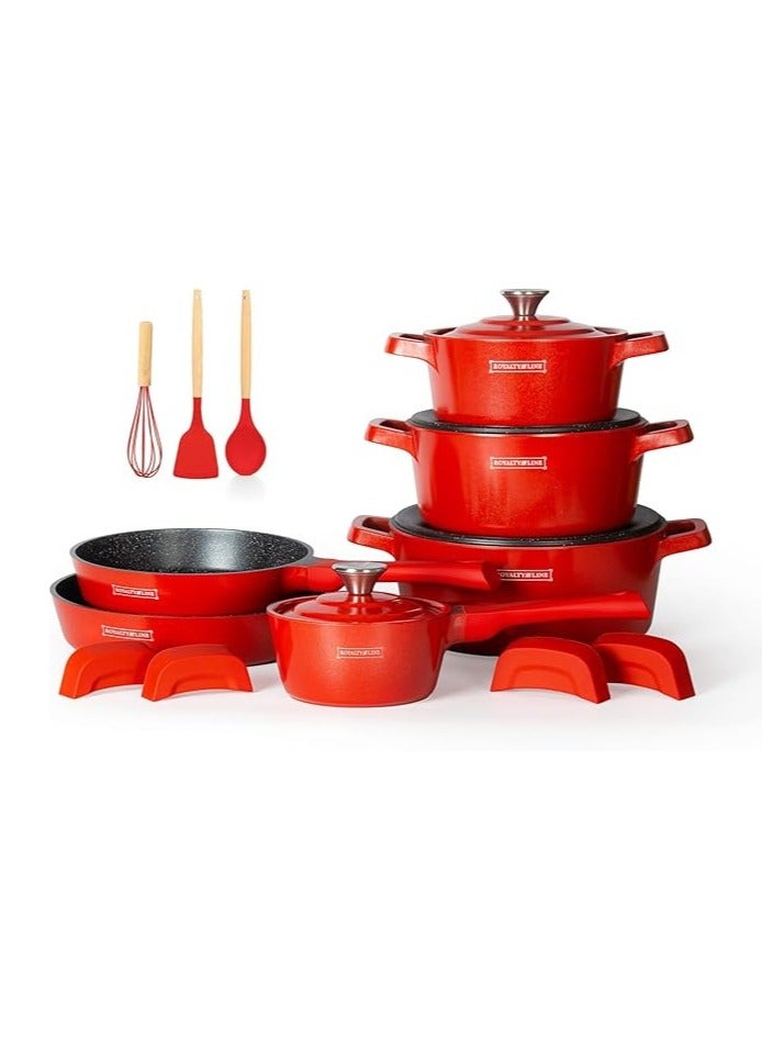 Royalty Line 17 Piece Cast Aluminium Non-Stick Pan Set Lava Rock Induction Gas Glass Lid + Tools RL-ES1014M ( Red ) - Image 1