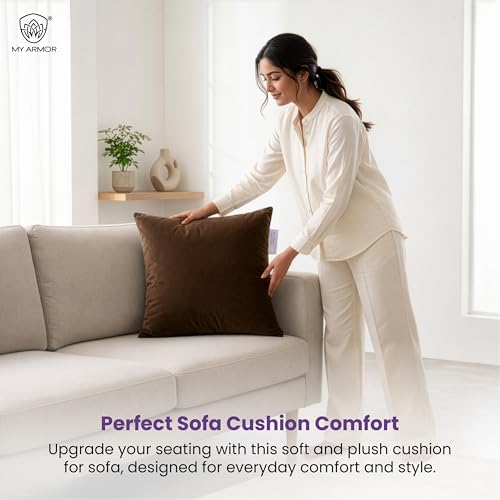 MY ARMOR Microfibre Cushion for Sofa | Soft & Fluffy Square Sofa Cushions | Decorative Sofa Pillows for Bed, Chair, Car & Living Room | Velvet Cover | Brown | Pack of 1 | 24 x 24 Inch - Image 2
